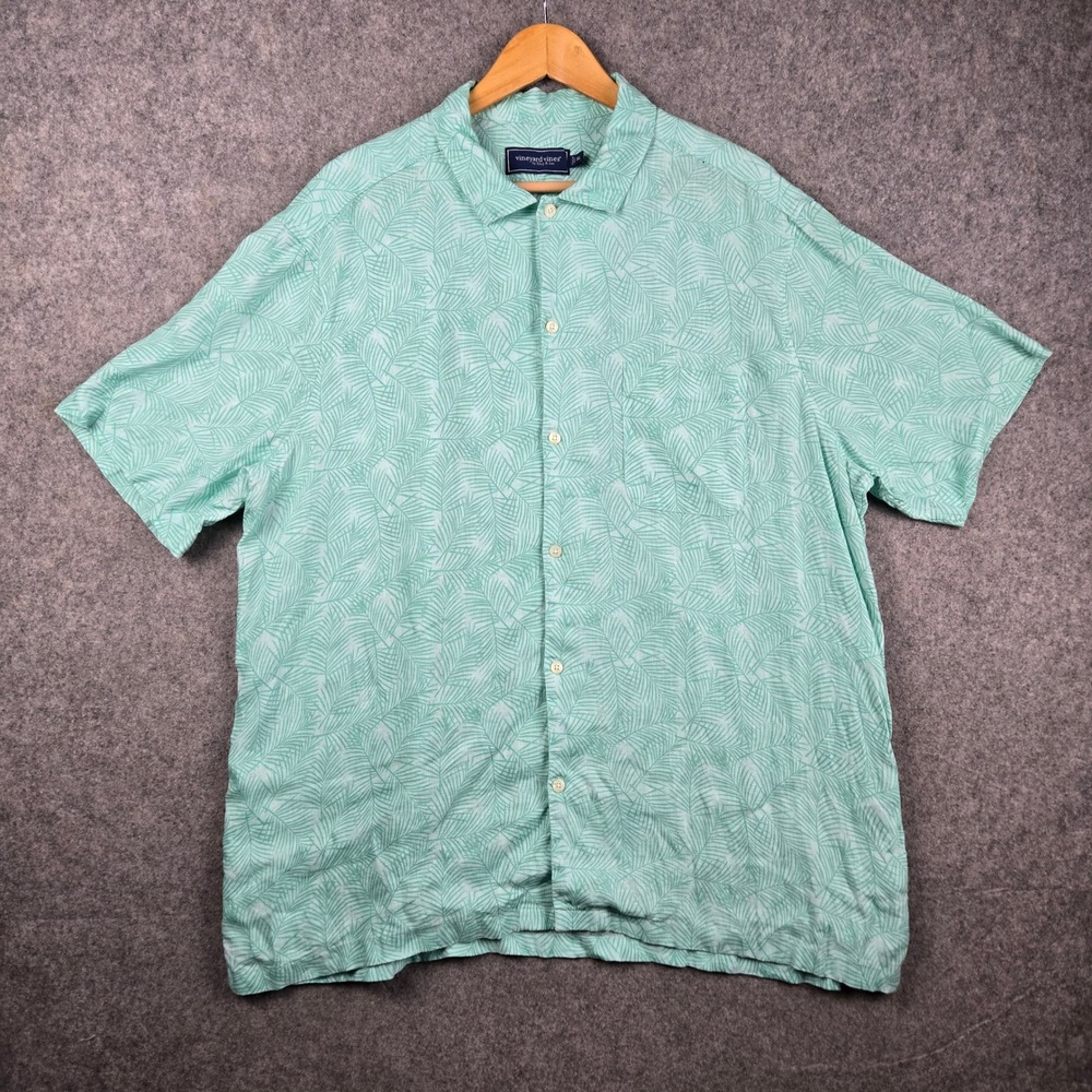 Vineyard Vines Shirt Mens XL Green Palm Leaf 100% Linen Short Sleeve Button Down